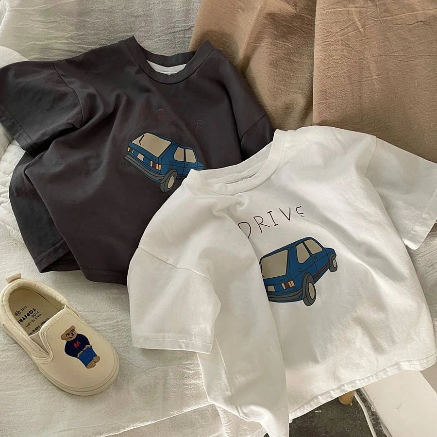 코튼 하프 슬리브 티셔츠 소년 어린이 2025 여름 베이비 남여 의상 스포츠 캐주얼 티셔츠 소녀 만화 자동차 트렌디 풀오버 셔츠