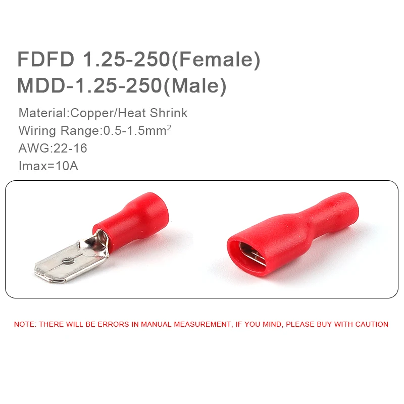 50PCS FDD/MDD 6.3mm 터미널 빨간색 파란색 노란색 여성 남성 스페이드 절연 전기 압착 단자 커넥터 배선 케이블 플러그