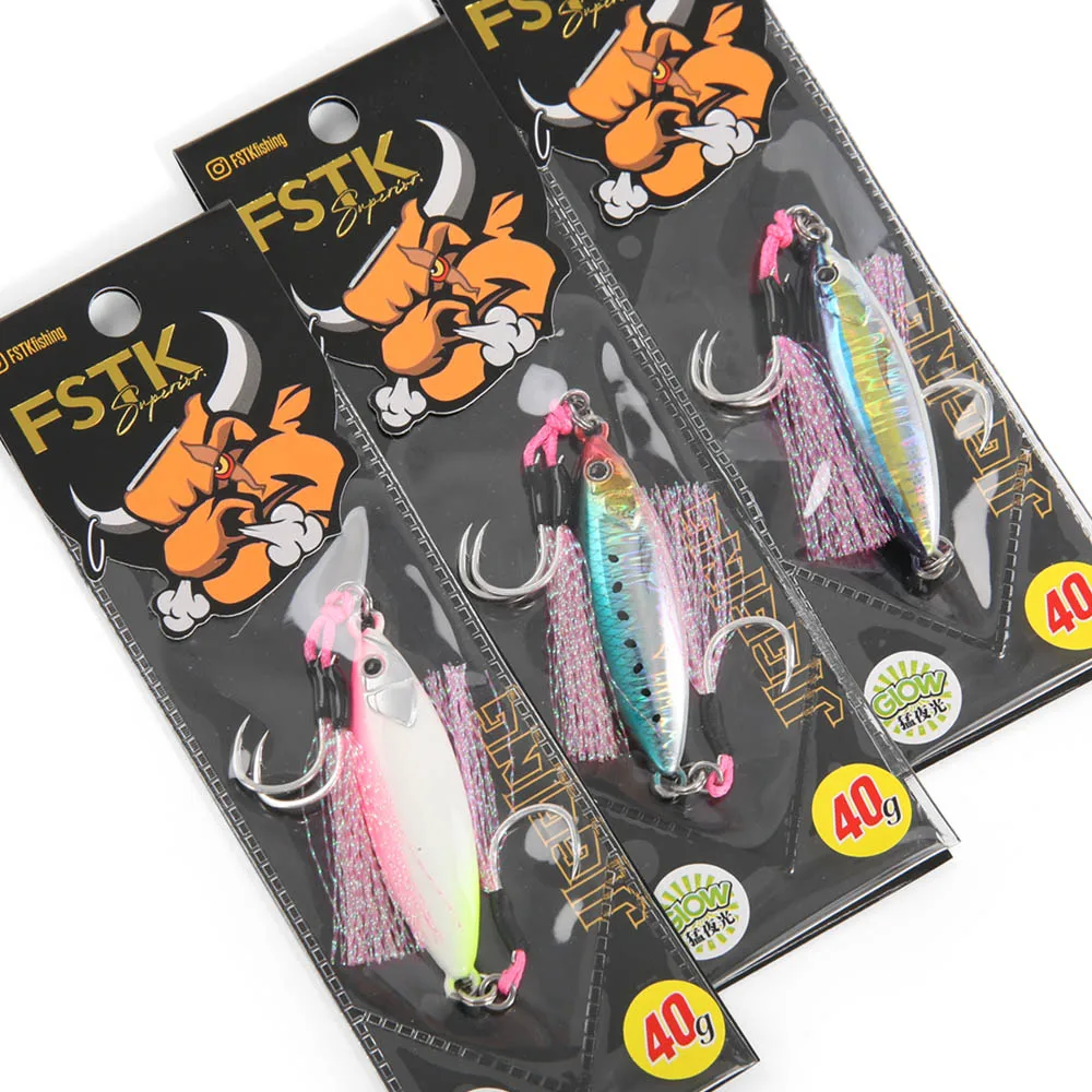 FSTK 새로운 글로우 낚시 루어 캐스팅 Tuna15g30g40g60g 느린 피치 지그 Sea Bass Salterwater 해안 인공 미끼 (보조 후크 포함)