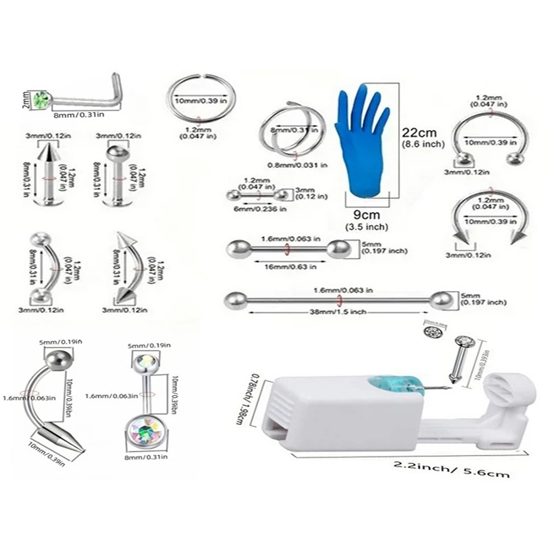 67/70/101/111Pcs 멸균 귀 피어싱 키트, Tragus Helix 연골 통증 없음 피어싱 도구 기계 세트 스터드 쥬얼리