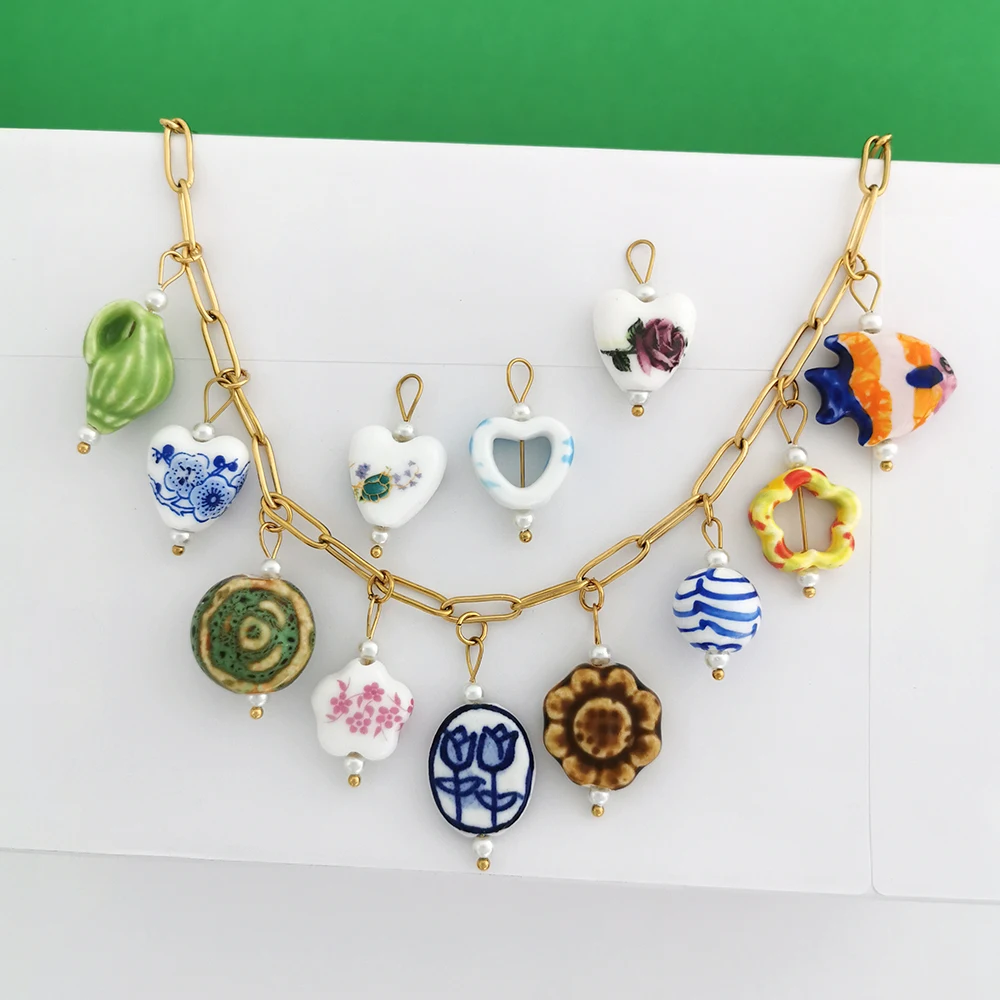 QMHJE 하트 꽃 조가비 도자기 펜던트의 매력 목걸이에 대한 수제 스테인레스 스틸 기하학 모조 진주 도매