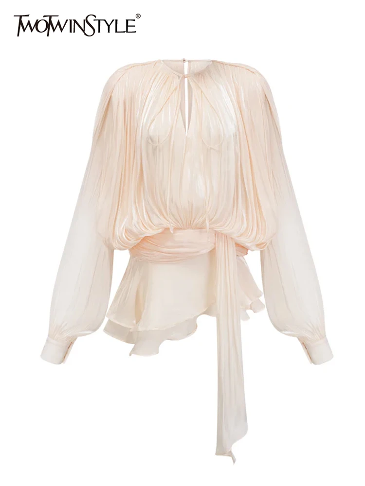 TWOTWINSTYLE 여성을위한 우아한 셔링 미니 드레스 라운드 넥 랜턴 긴 소매 높은 허리 기질 드레스 여성 패션 title=TWOTWINSTYLE 여성을위한 우아한 셔링 미니 드레스 라운드 넥 랜턴 긴 소매 높은 허리 기질 드레스 여성 패션 