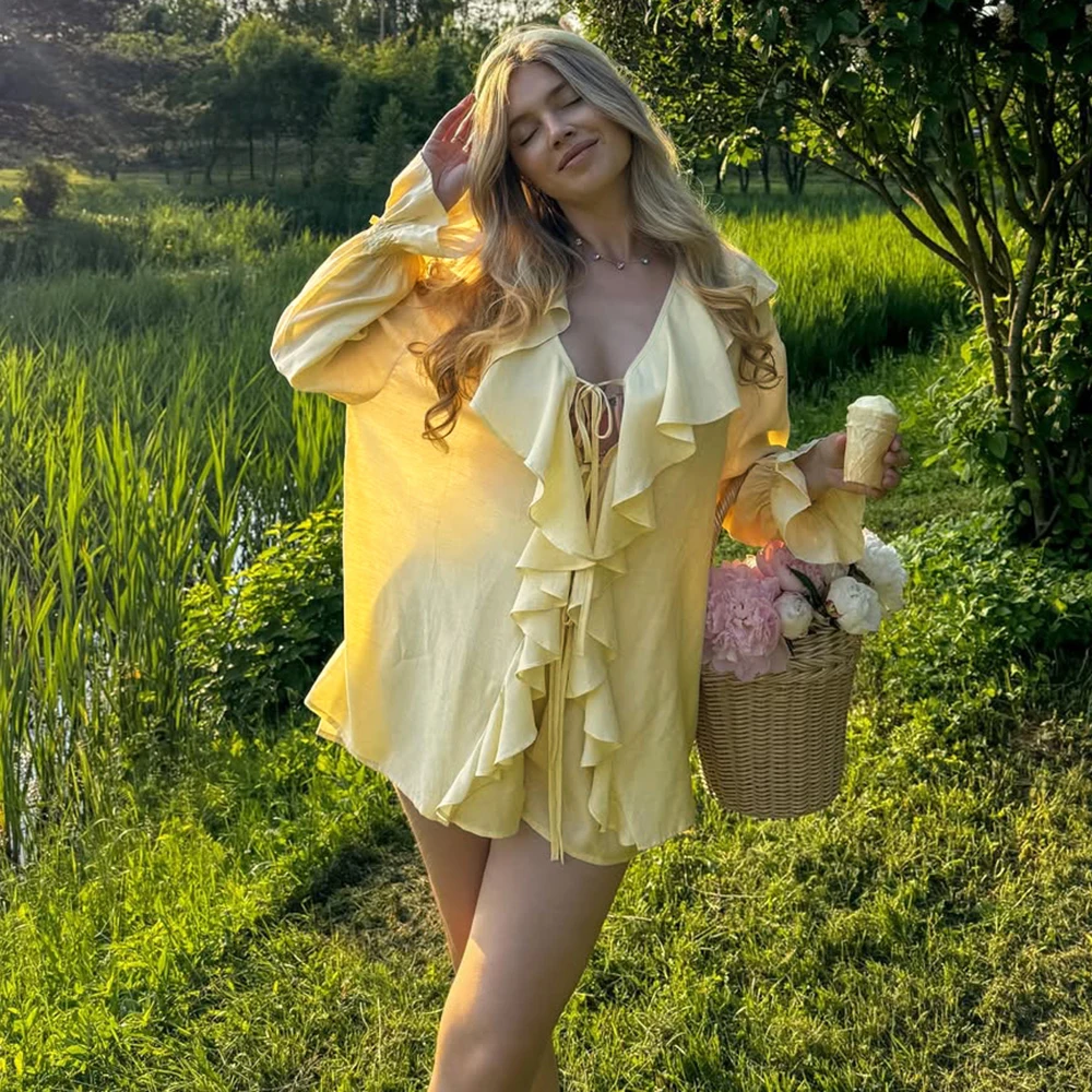 Tuularose 새로운 캐주얼 반바지 투피스 세트 여성 프릴 느슨한 타이 탑 간단한 반바지 세트 Office Lady 여름 여성 반바지 세트