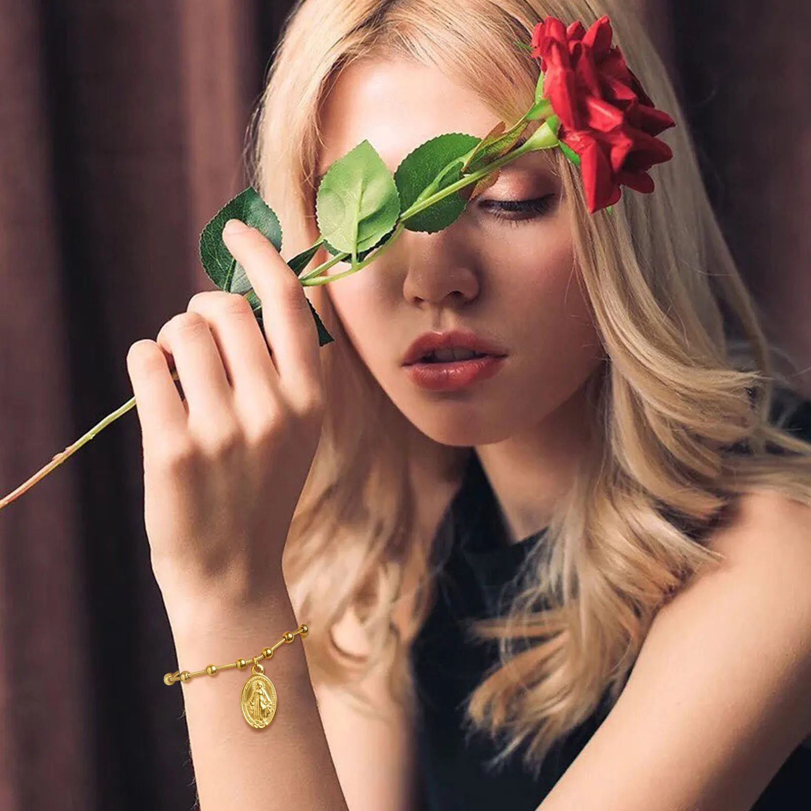 Vnox 여성용 묵주 팔찌, 금도금 스테인리스 스틸, 종교 십자가 및 성모 마리아 기도 팔찌 선물