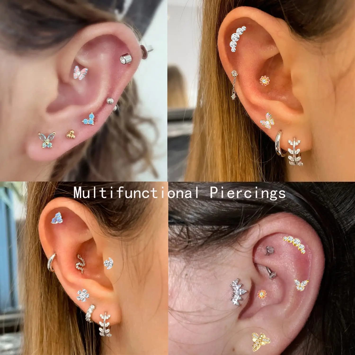 Drperfect 1pc 연골 귀걸이 스터드 여성용 외과 강철 플랫 백 귀걸이 나비 꽃 Tragus Helix 피어싱 쥬얼리