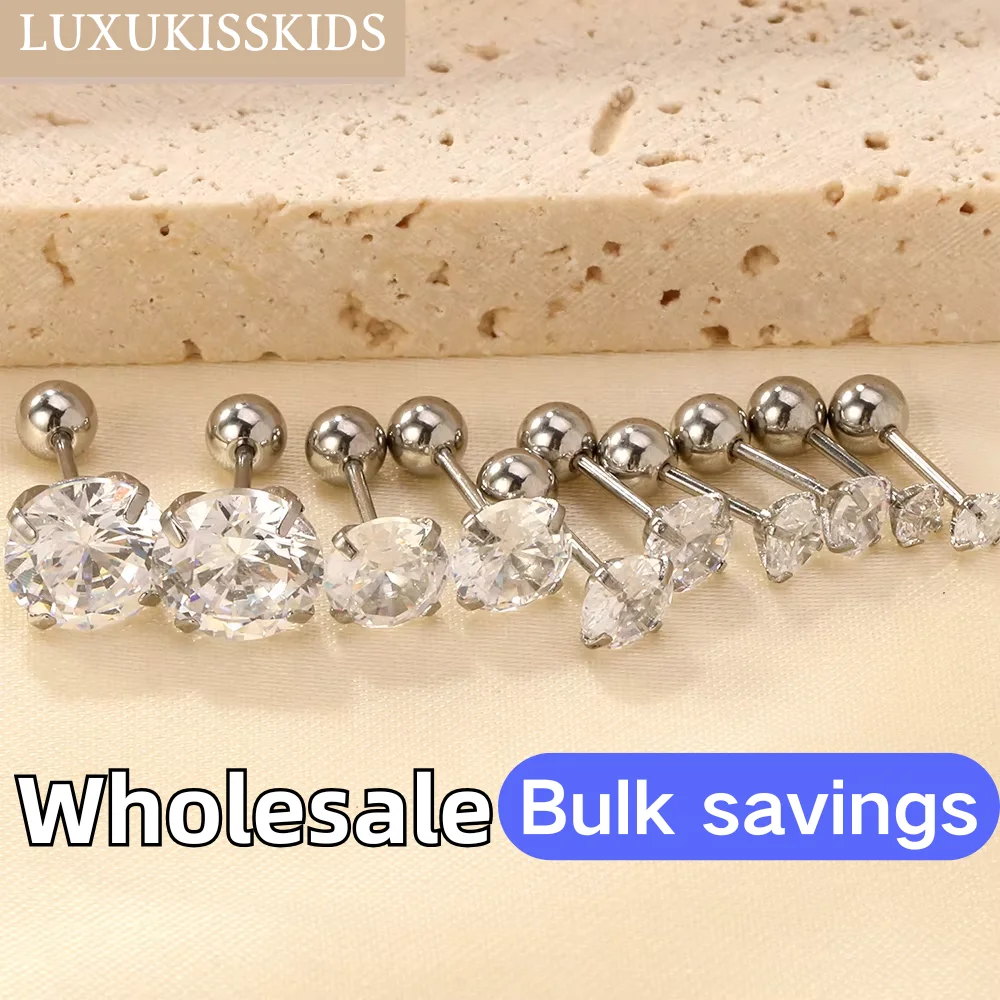 LUXUKISSKIDS 1pairs/2pcs 남자 라운드 크리스탈 지르코니아 스터드 귀걸이 외과 강철 보석 럭셔리 클리어 라인 석 남여 피어싱