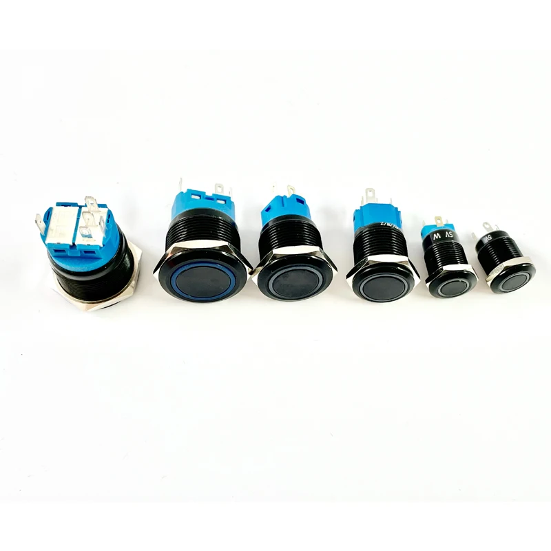 검은 푸시 버튼 스위치 12/16/19/22mm 방수 조명 Led 라이트 금속 플랫 순간 스위치 전원 마크 5V 12V 24V