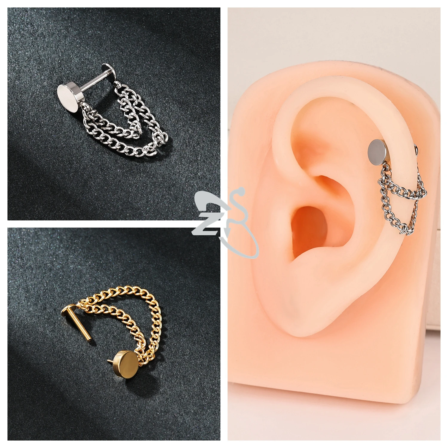 ZS 1 PC 16G 스테인레스 스틸 스터드 귀걸이 여성용 술 드롭 귀 스터드 CZ 크리스탈 연골 헬릭스 로브 피어싱 쥬얼리