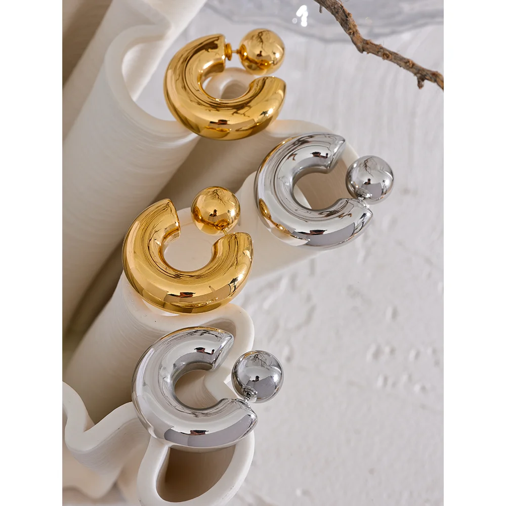 Yhpup 스테인레스 스틸 C 모양 라운드 Chunky 특이한 귀걸이 쥬얼리 방수 금속 질감 매력적인 여성 액세서리 선물