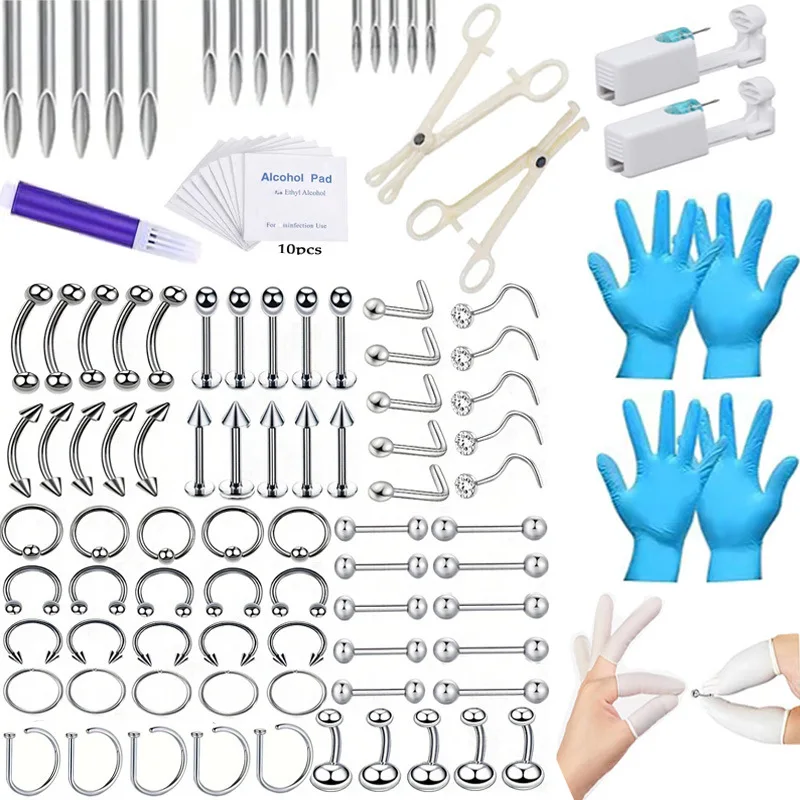 67/70/101/111Pcs 멸균 귀 피어싱 키트, Tragus Helix 연골 통증 없음 피어싱 도구 기계 세트 스터드 쥬얼리