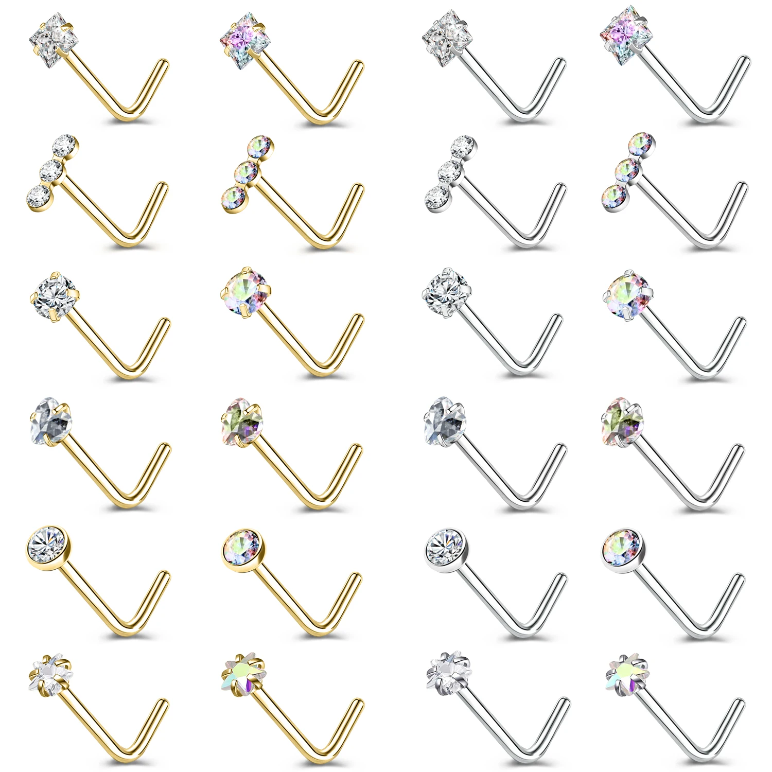 ZS 3-4 개/몫 골드 컬러 스테인레스 스틸 코 스터드 세트 하트 스타 라운드 크리스탈 코 피어싱 L 모양 콧 구멍 피어싱 18g/20g title=ZS 3-4 개/몫 골드 컬러 스테인레스 스틸 코 스터드 세트 하트 스타 라운드 크리스탈 코 피어싱 L 모양 콧 구멍 피어싱 18g/20g 