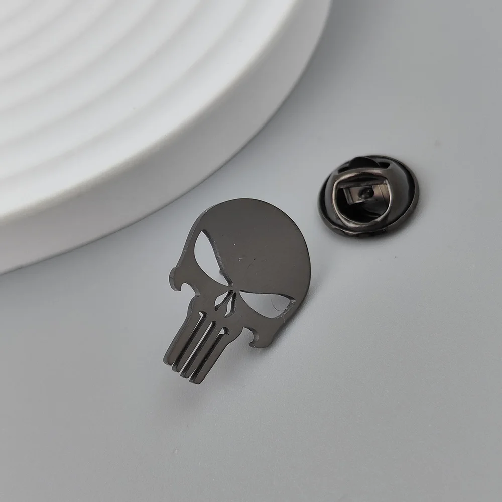 처벌 해골 금도금 배지, 정장 옷깃 핀 스테인레스 스틸 블랙, 여성용 노출 방지 버튼, 남성용 브로치