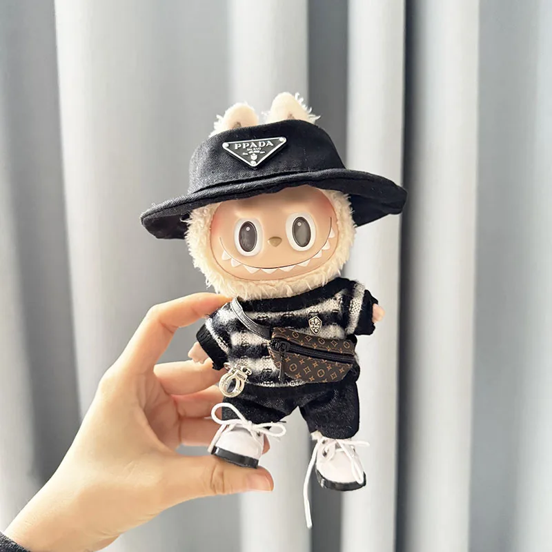 15-17cm Labubu 블라인드 박스 키 체인 비닐 인형 스웨터 신발 모자 가방 세트 인형 럭셔리 의류 액세서리에 적합