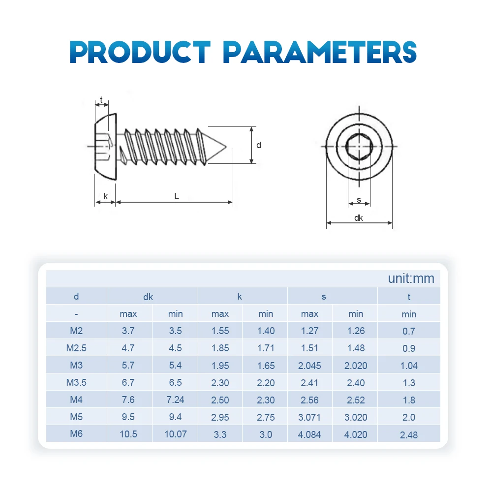 NINDEJIN 10-100pcs 둥근 단추 머리 육각 셀프 태핑 나사 M2 M2.5 M3 M3.5 M4 M5 M6 탄소강 알렌 육각 소켓 나무 나사