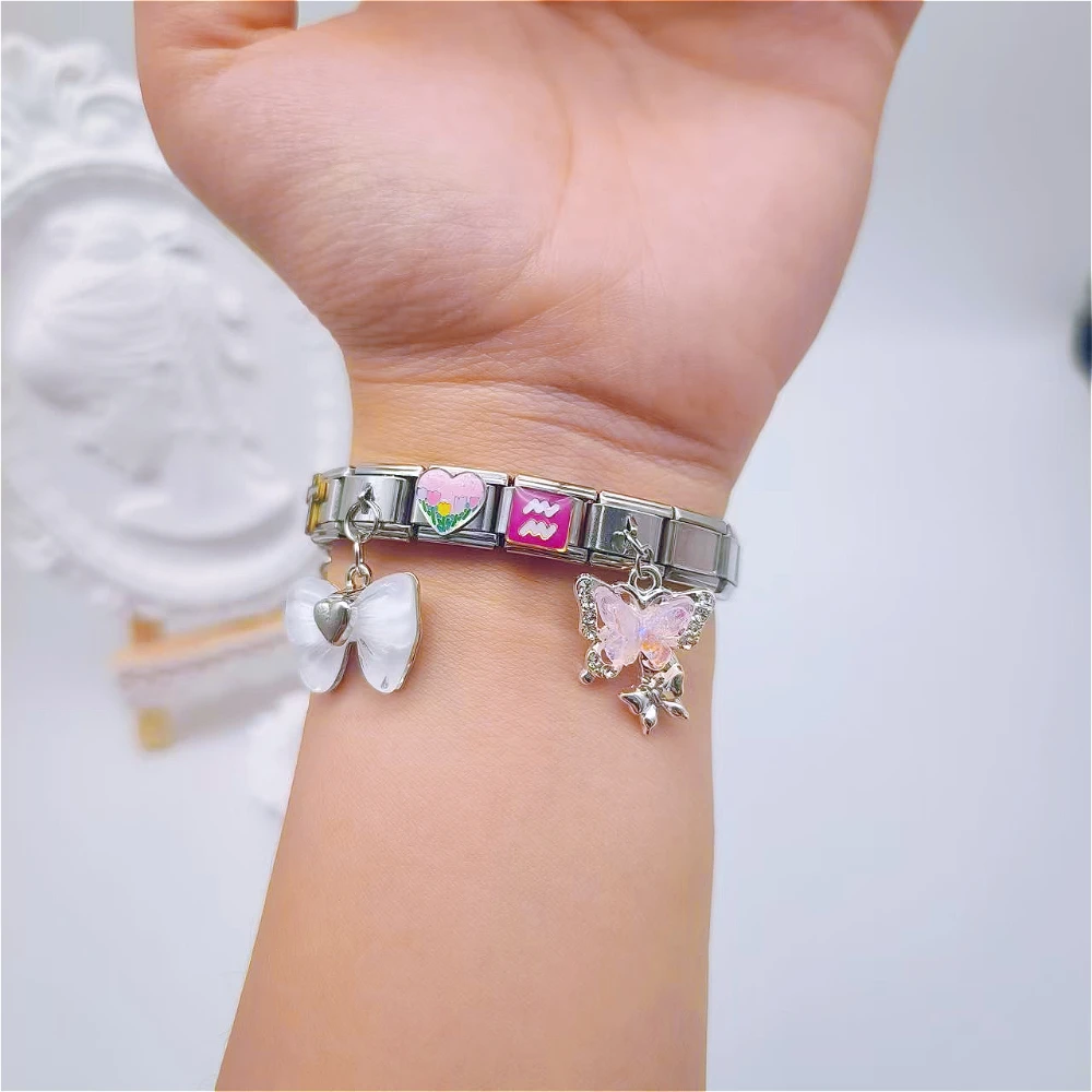 패션 빛나는 활 천사 날개 크로스 맞춤 링크 이탈리아어 매력 맞는 9mm 팔찌 스테인레스 스틸 DIY 쥬얼리 커플 만들기