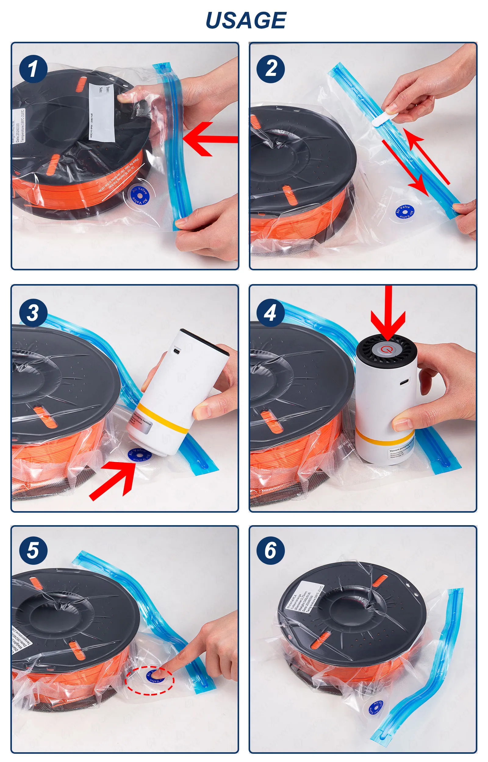 3D 프린터 PLA ABS TPU PETG 1kg 필라멘트 진공 보관 가방 재료 건조 유지 수분 방지 소모품 안전 보관 필라멘트 가방