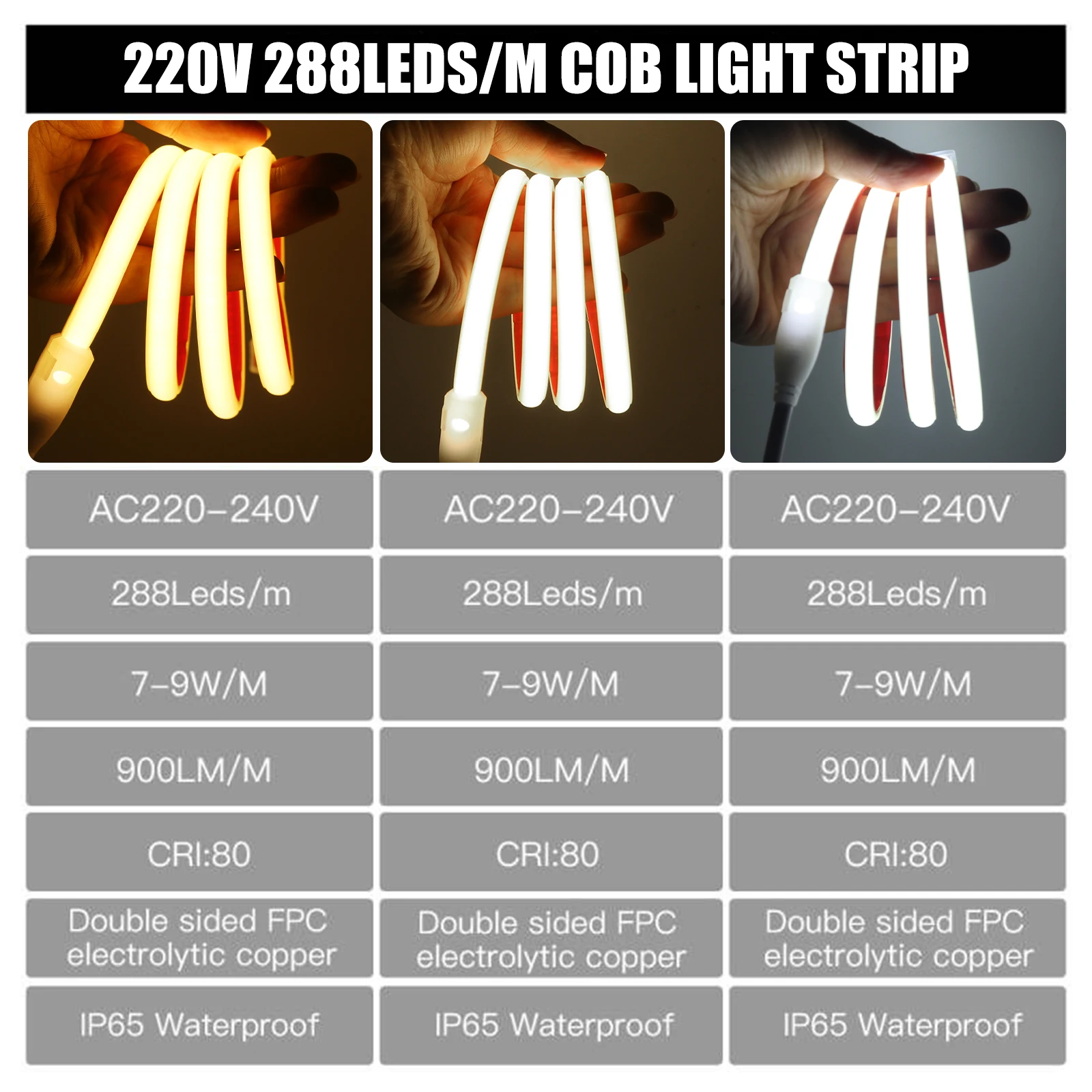 220V 디밍이 가능한 COB LED 네온 스트립 조명 288Leds/M IP67 스위치/조광기 EU 플러그 홈 정원 조명용 유연한 접착 테이프