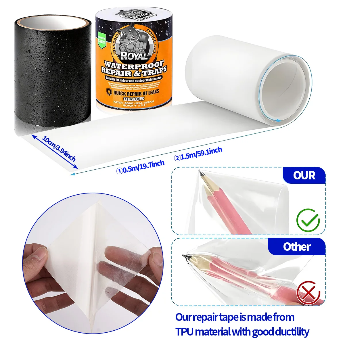 강력한 누출 씰링 테이프, 고강도 인성 수영 링 텐트 수도관의 빠른 수리 자체 접착 방수 테이프