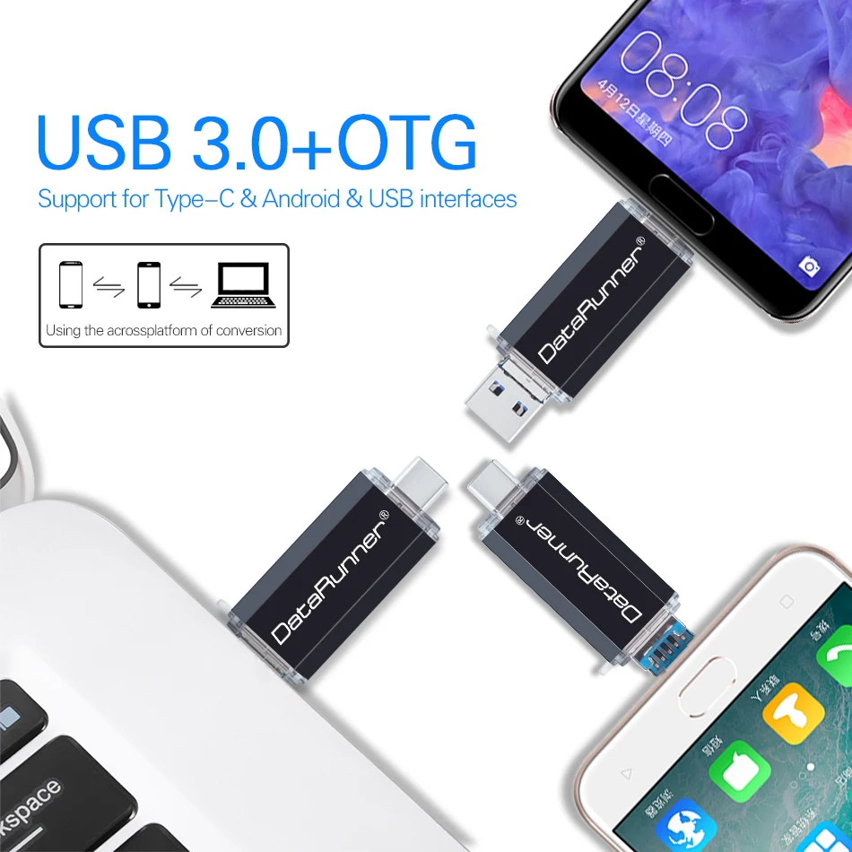 DataRunner 3 IN 1 고속 OTG USB 플래시 드라이브 유형 C 펜 드라이브, 512GB 256GB 128GB 64GB 32GB Pendrive USB 3.0 메모리 스틱