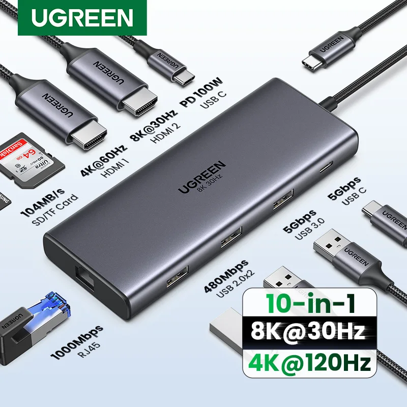 UGREEN 듀얼 HDMI USB-C 허브 8K 4K HDMI 어댑터 MacBook Pro Air 노트북 USB 허브용 RJ45 USB3.0 PD 100W 도크가 포함된 10 in 1 분배기 title=UGREEN 듀얼 HDMI USB-C 허브 8K 4K HDMI 어댑터 MacBook Pro Air 노트북 USB 허브용 RJ45 USB3.0 PD 100W 도크가 포함된 10 in 1 분배기 