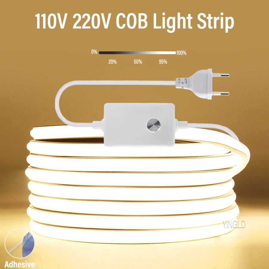 220V COB LED 스트립 빛 높은 밝은 스위치/디밍이 가능한 미국 110v EU 플러그 네온 테이프 주방 캐비닛 조명 방수 정원 title=220V COB LED 스트립 빛 높은 밝은 스위치/디밍이 가능한 미국 110v EU 플러그 네온 테이프 주방 캐비닛 조명 방수 정원 
