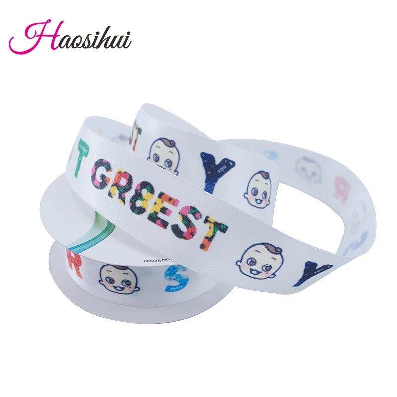 HAOSIHUI 사용자 정의 새틴 리본 맞춤형 로고 인쇄 단일 얼굴 10 ~ 50 ~ 100 야드 폴리 에스터 선물 웨딩 생일 DIY 테이프