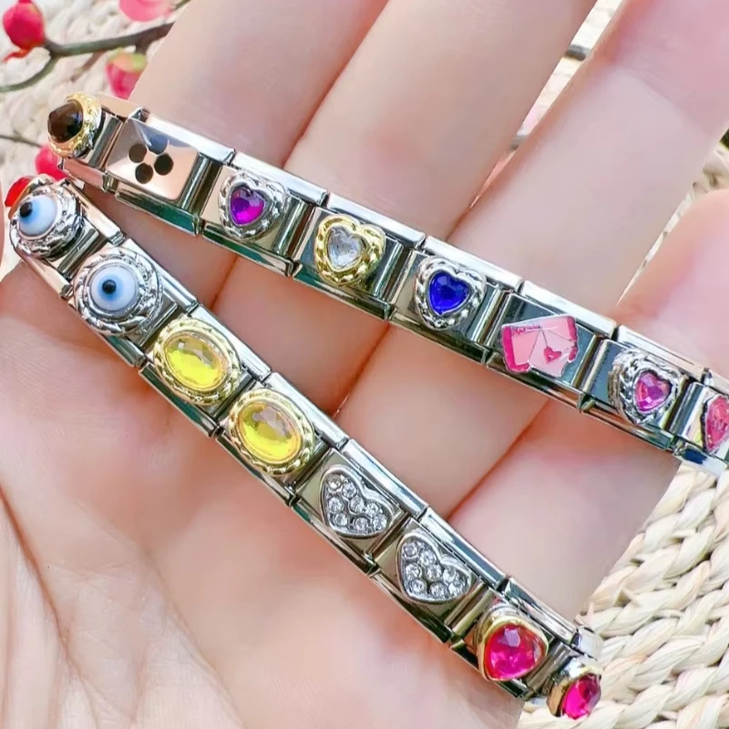 2025 새로운 오리지널 럭셔리 지르콘 사랑 이탈리아 매력 링크 맞는 9mm 팔찌 스테인레스 스틸 쥬얼리 만들기
