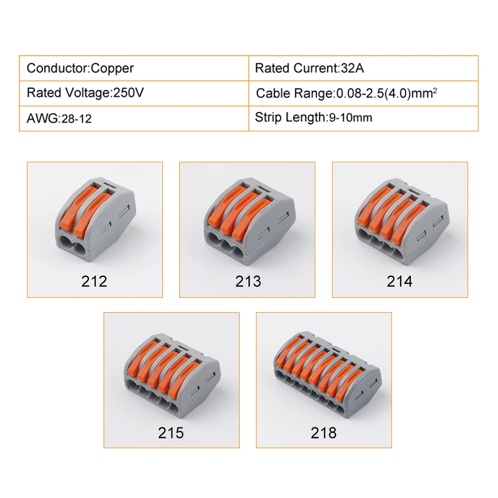 레버 와이어 퀵 커넥터, 전기 컴팩트 터미널 블록, AWG28-12 와이어링 도체, 스플라이싱, 2 홀, 3 홀, 4 홀, 5/8 홀, 10 개