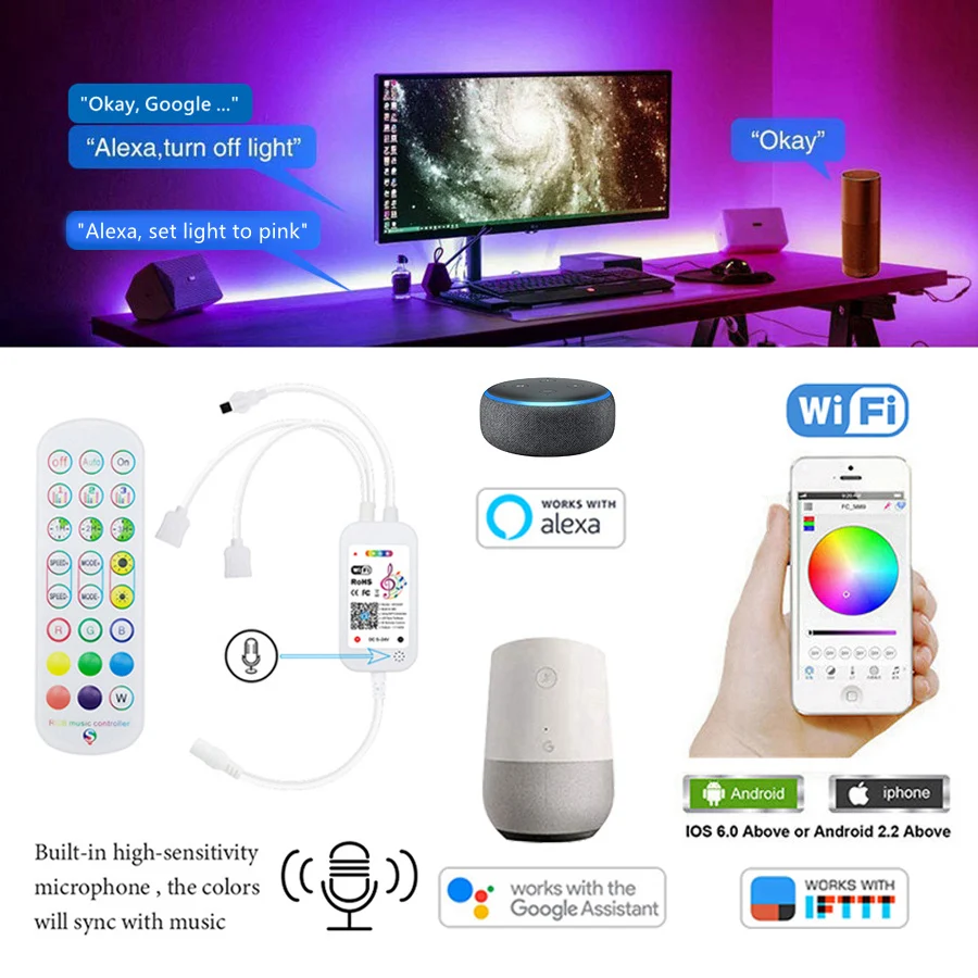 와이파이 LED 스트립 램프 블루투스 적외선 RGB 테이프, 알렉사 음악 네온 리본, 유연한 크리스마스 장식 조명, 10m, 20m, 12V