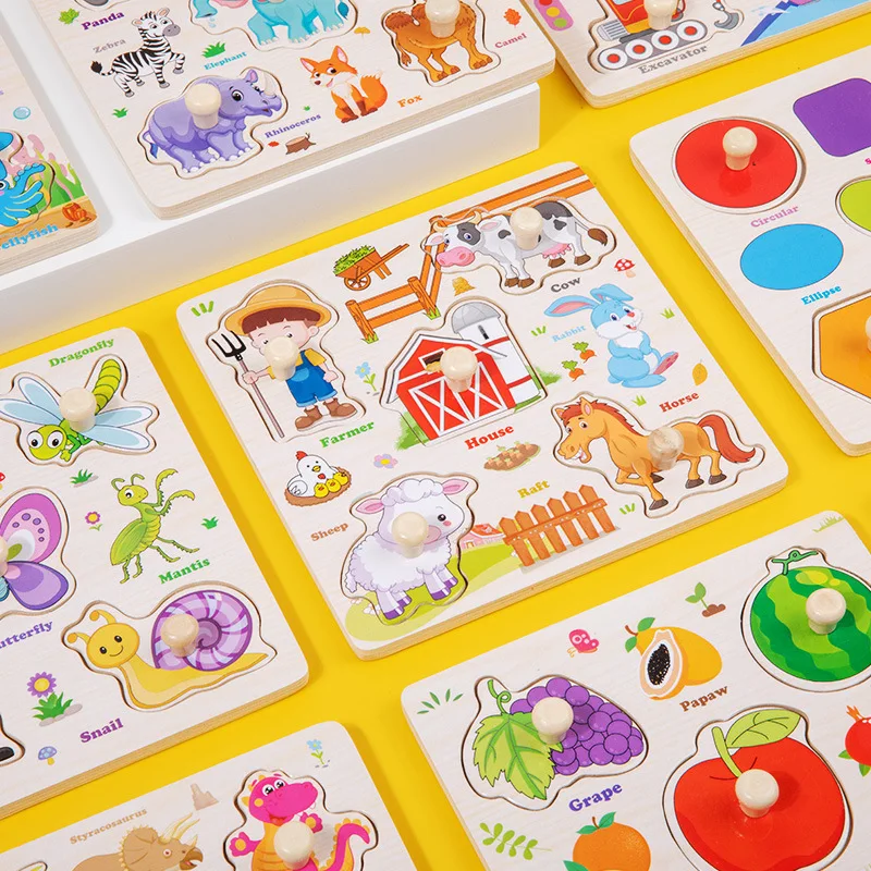어린이를위한 나무 퍼즐 몬테소리 장난감 만화 동물 교통 손 잡아 보드 어린이를위한 조기 학습 교육 장난감