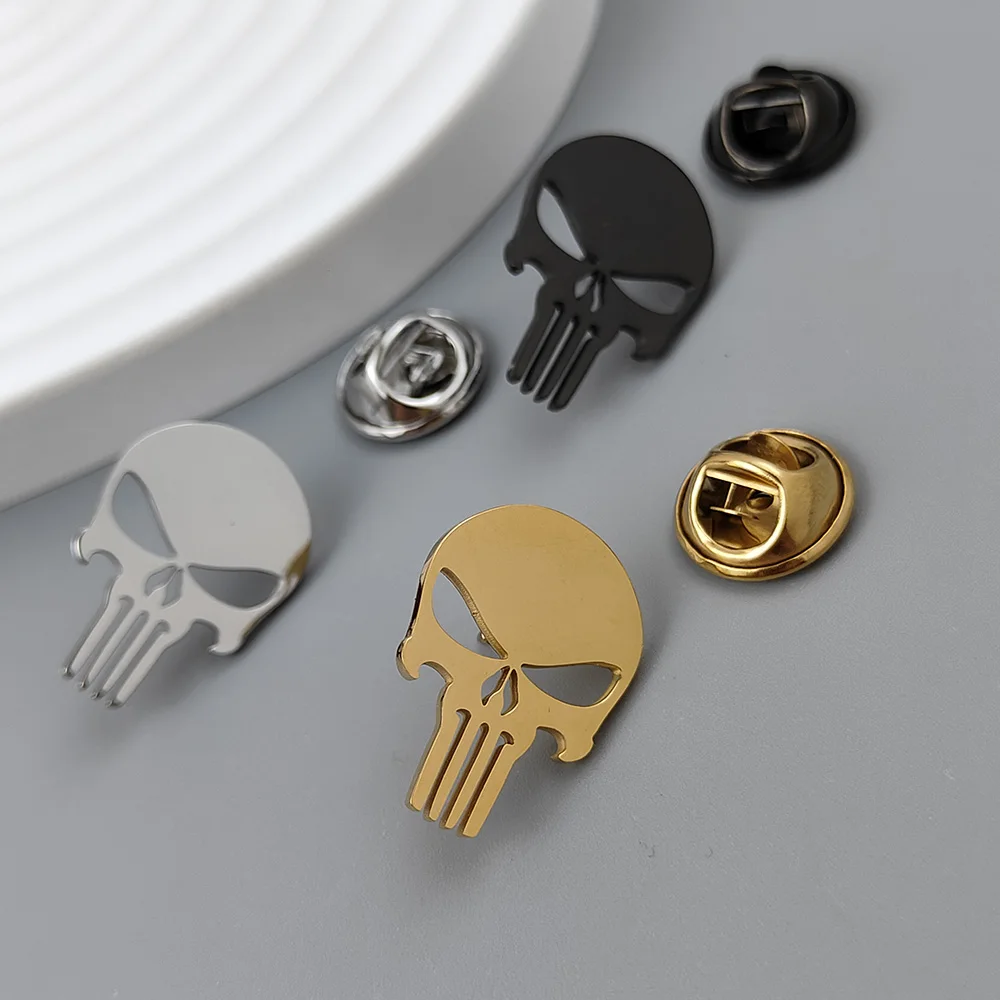 처벌 해골 금도금 배지, 정장 옷깃 핀 스테인레스 스틸 블랙, 여성용 노출 방지 버튼, 남성용 브로치