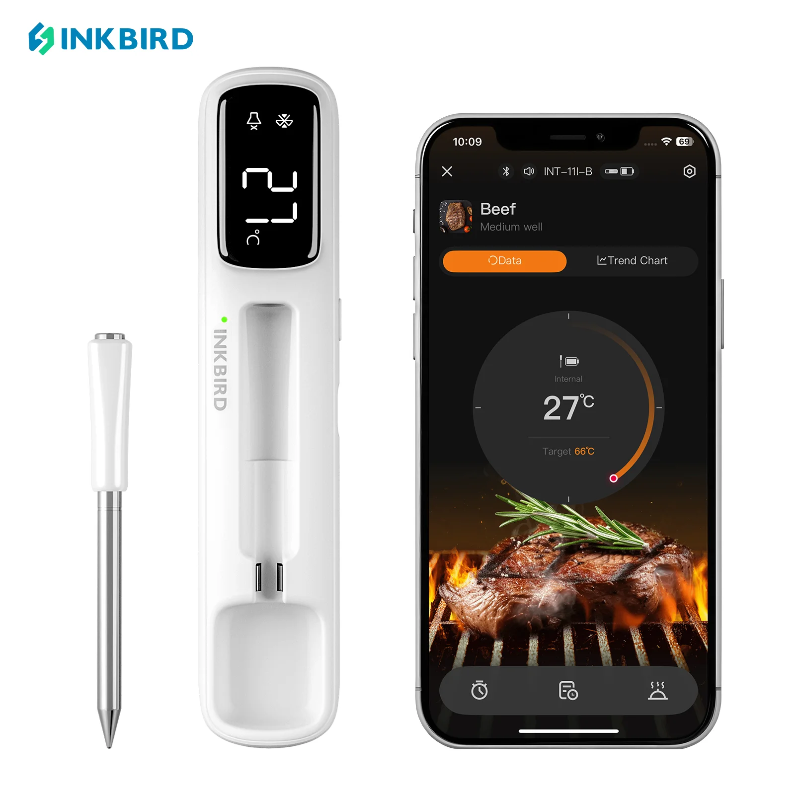 INKBIRD INT-11I-B 미니 무선 고기 온도계, Bluetooth 5.4 1000ft, 1s 응답, IP67, 26개 사전 설정, LED 디스플레이, 바베큐/그릴용 title=INKBIRD INT-11I-B 미니 무선 고기 온도계, Bluetooth 5.4 1000ft, 1s 응답, IP67, 26개 사전 설정, LED 디스플레이, 바베큐/그릴용 