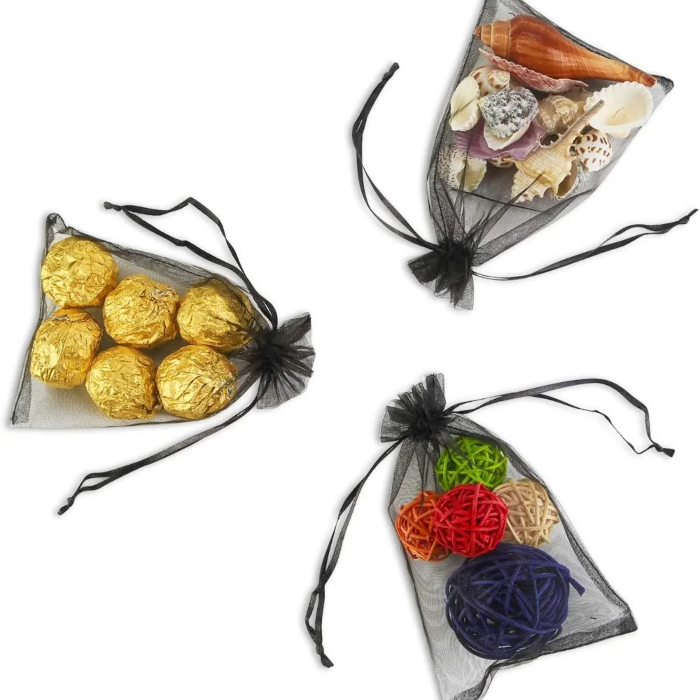 50Pcs 5x7 7x9 9x12cm 블랙 쉬어 Organza Drawstring 선물 가방 결혼식 생일 파티 호의 파우치 쥬얼리 디스플레이 포장