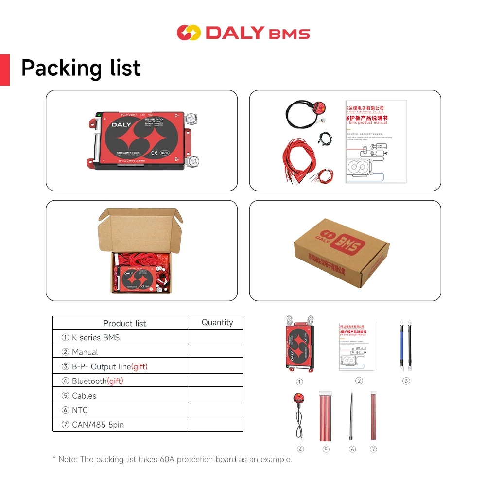 Daly Smart Lifepo4 BMS 보드 4S 12V 8S 24V16S 48V 3.2V 100A 60A BMS 18650 배터리 팩 BT UART RS485 CANBUS 통신