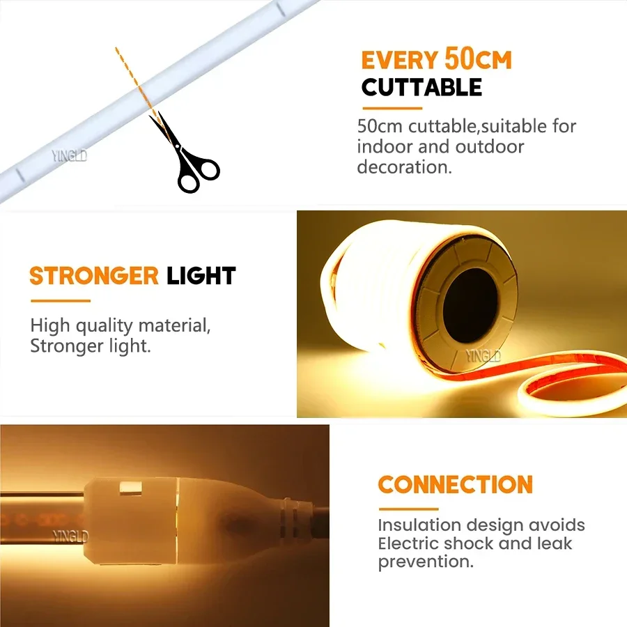 220V COB LED 스트립 빛 높은 밝은 스위치/디밍이 가능한 미국 110v EU 플러그 네온 테이프 주방 캐비닛 조명 방수 정원