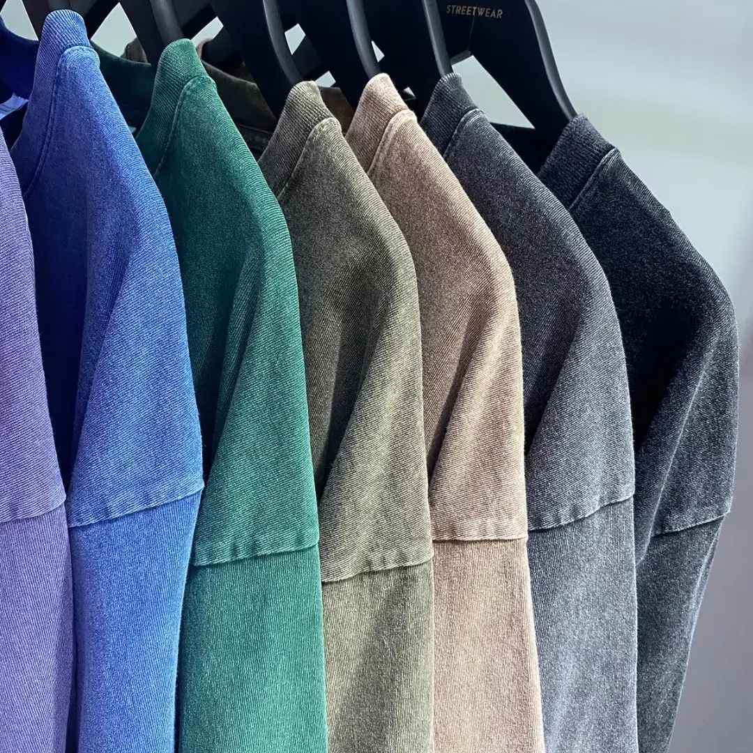 아메리칸 스타일 레트로 헤비급 솔리드 컬러 반팔 티셔츠 남성 여성 여름 거리 유행 씻어 오래된 대형 옷