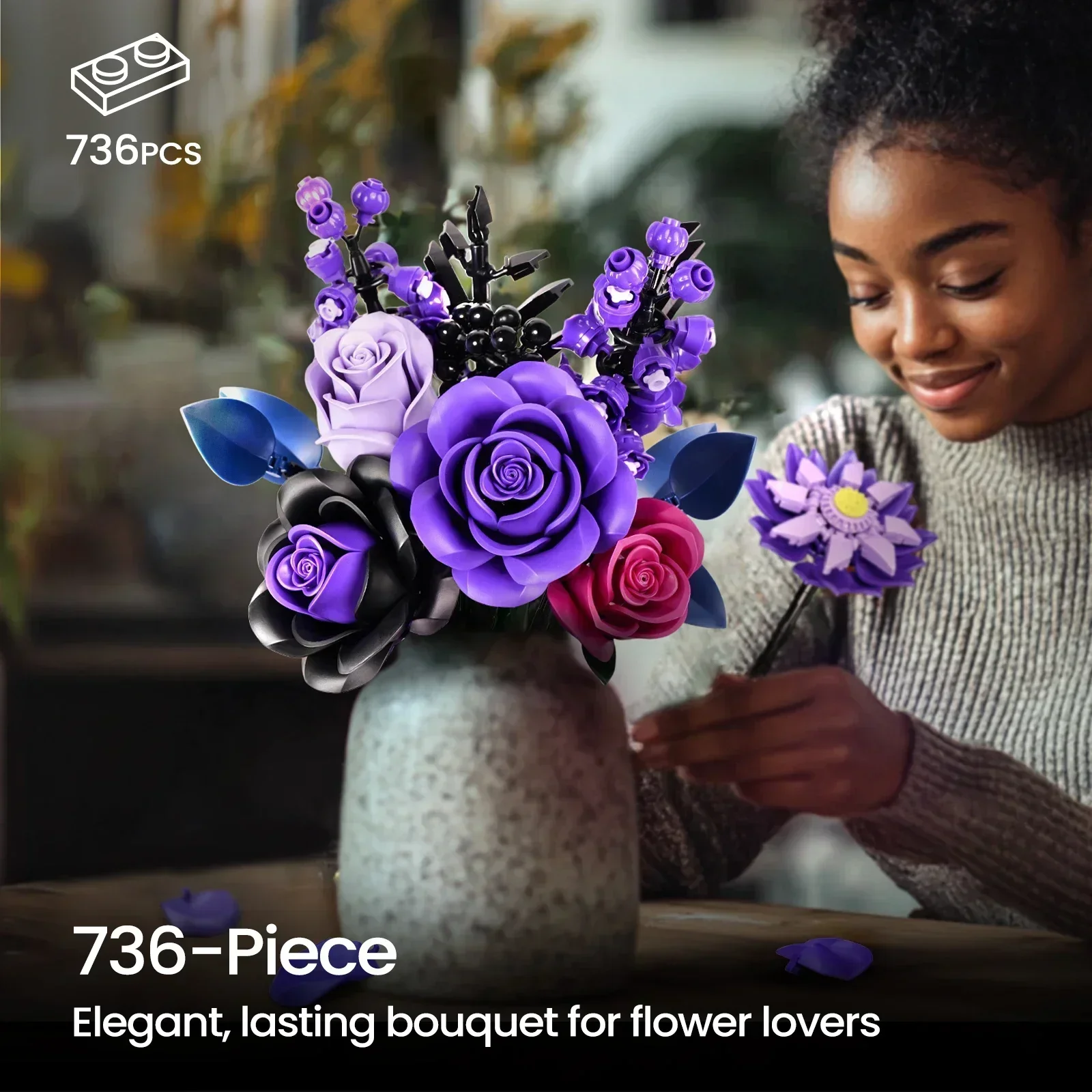 BuildMOC 보라색 장미 식물 빌딩 블록 세트, 고딕 장식 인공 장미 꽃 꽃다발 모델 장난감 발렌타인 데이 선물