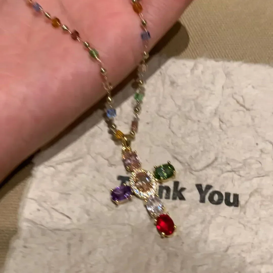 여성을위한 패션 다채로운 지르콘 크로스 펜던트 목걸이 스테인레스 스틸 실버 컬러 매력 크리스탈 페르시 체인 목걸이목걸이