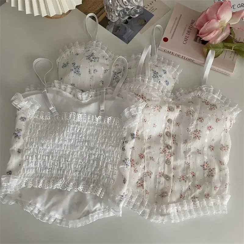 꽃 튜브 탑 프렌치 우드 귀 밑단 캐미솔 여성용 통기성 레이스 탱크 탑 여름용 아름다운 속옷