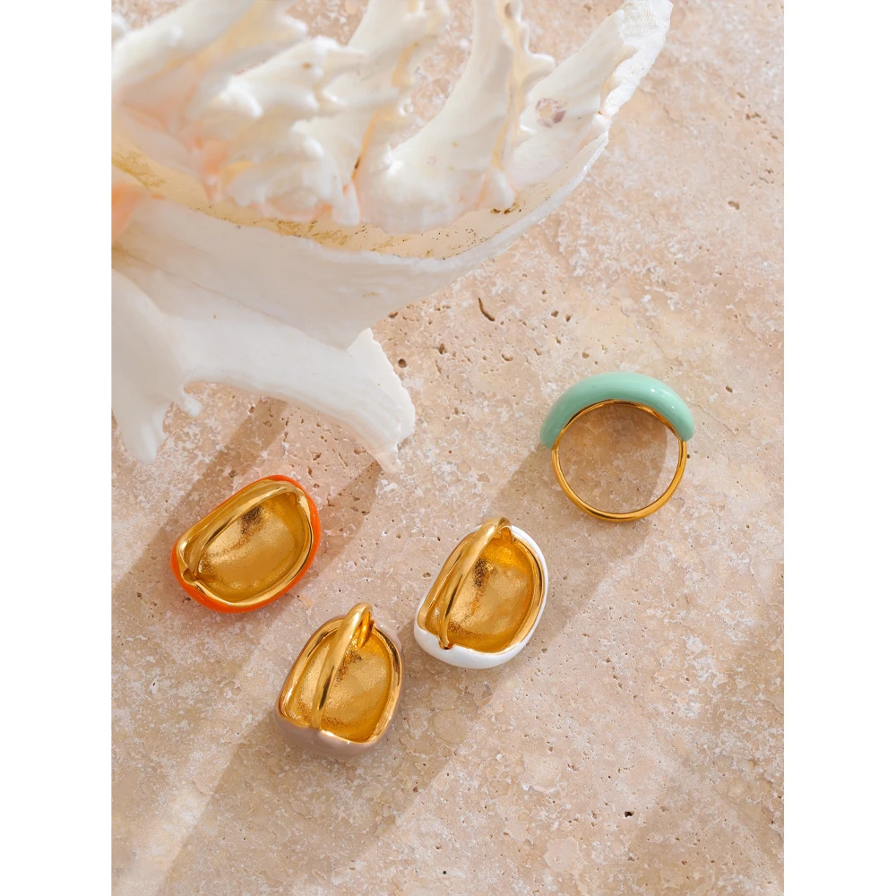 Yhpup 스테인레스 스틸 패션 즐거운 캔디 멀티 컬러 카키 오렌지 블루 화이트 에나멜 반지 방수 조절 매력 쥬얼리