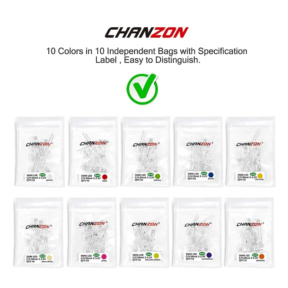 100pcs 5mm LED 다이오드 울트라 브라이트 따뜻한 화이트 레드 그린 블루 UV 퍼플 옐로우 오렌지 핑크 여러 가지 빛깔의 2V 3V 방출 모듬 세트