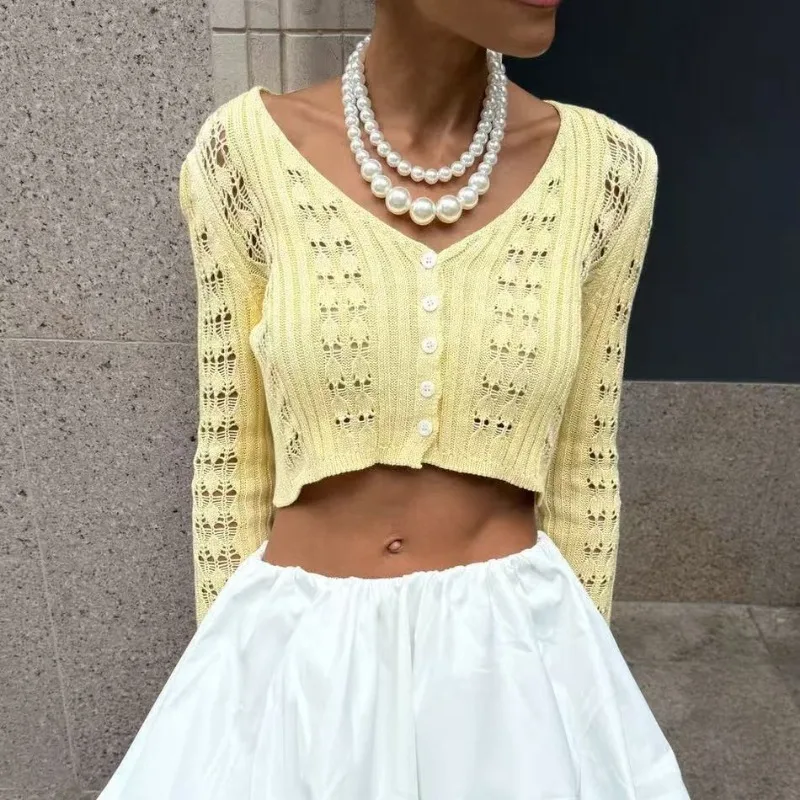 Tuularose 봄 니트 카디건 여성 솔리드 v 넥 중공 짧은 니트 탑 패션 캐주얼 루즈 통근 여성 티셔츠