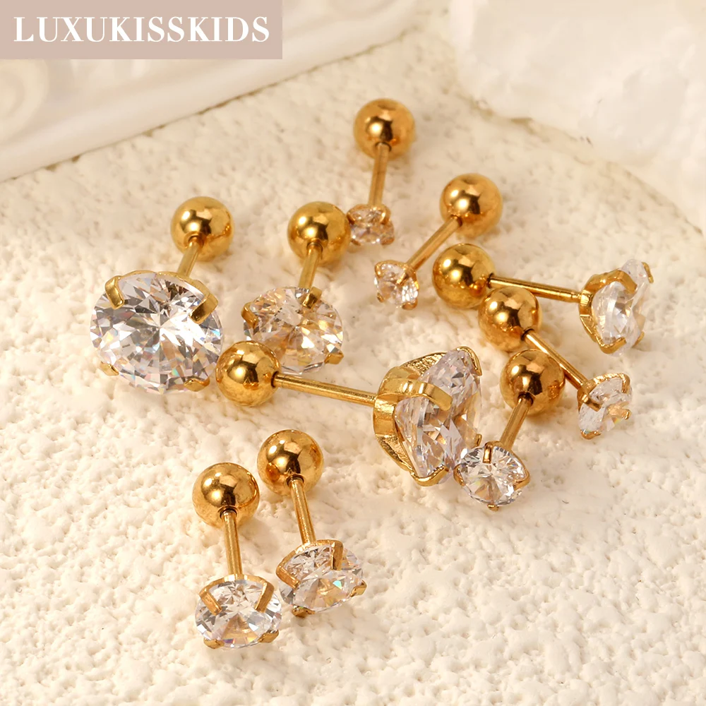 LUXUKISSKIDS 1pairs/2pcs 남자 라운드 크리스탈 지르코니아 스터드 귀걸이 외과 강철 보석 럭셔리 클리어 라인 석 남여 피어싱