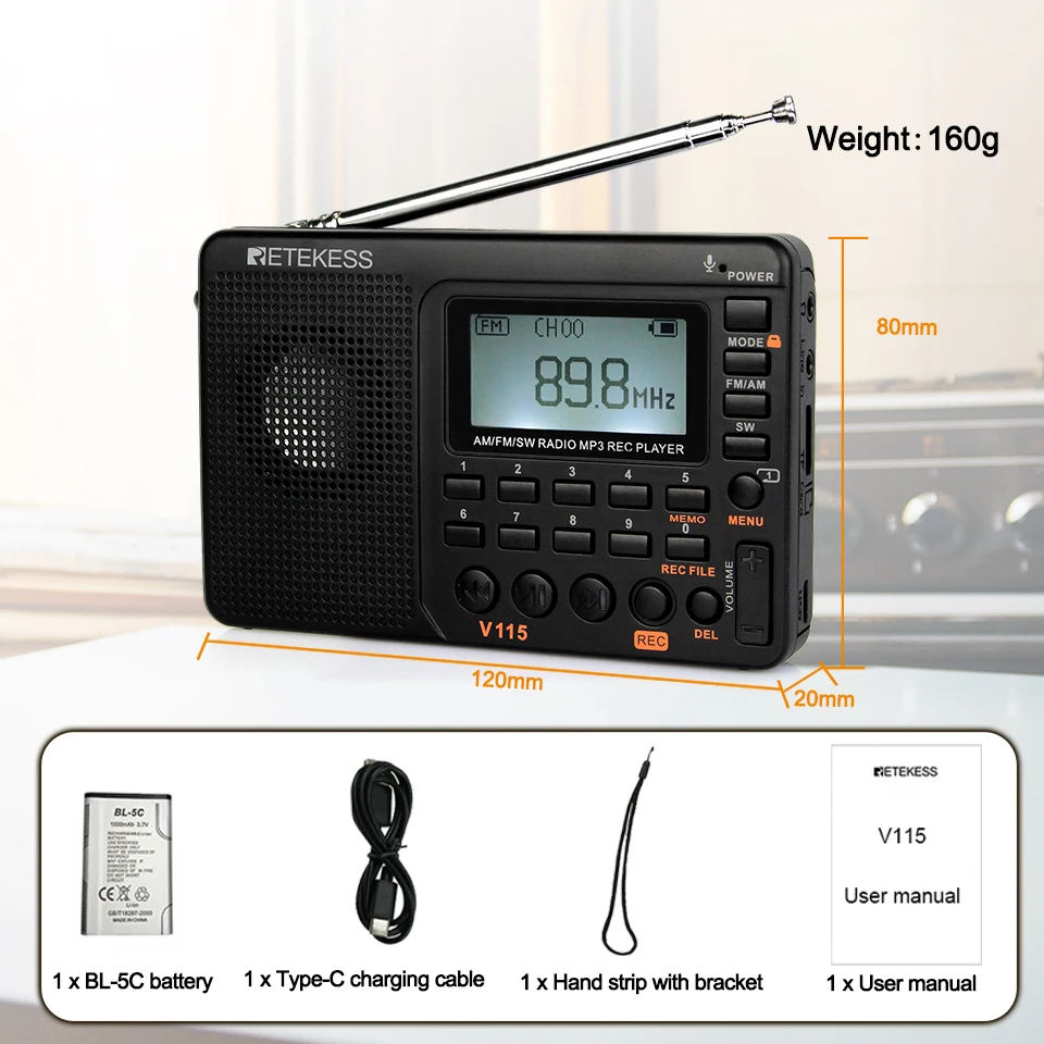 Retekess V115 휴대용라디오 미니 단파 라디오  AM FM SW단파라디오고감도 포켓 디지털 풀밴 드다기능 충전식 테레오 스피커 레코더 지원 TF 카드 선물용