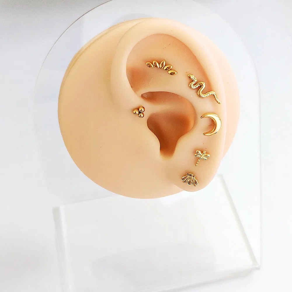 ASTM F136 G23 티타늄 스네이크 비 드롭 스레드리스 피어싱 문 크로스 푸시 인 라브레트 스터드 플라워 리프 핀 Daith Conch 귀걸이 16G