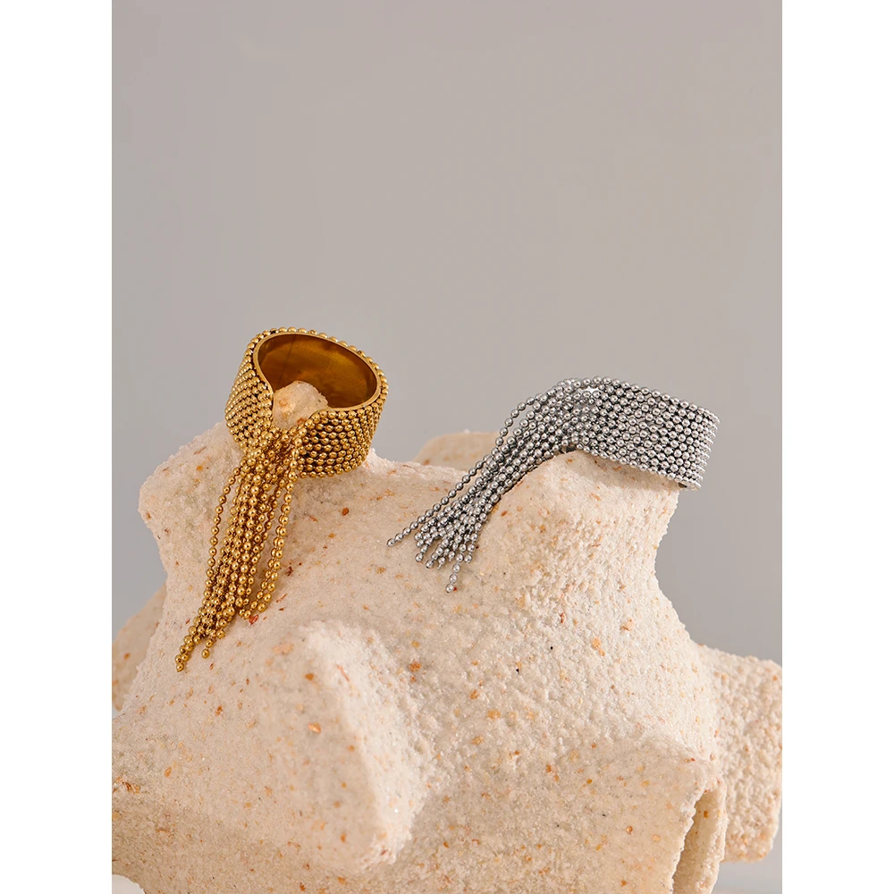 Yhpup 성명 스테인레스 스틸 체인 술 손가락 반지 조정 가능한 18K PVD 도금 고품질 매력 세련된 황금 보석