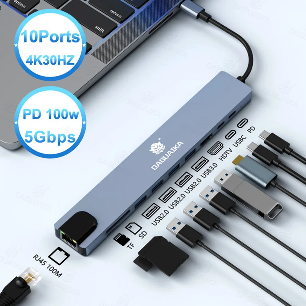 USB C 허브 도킹 스테이션 C타입-HDTV 호환, 맥북, 아이패드, 화웨이, 삼성폰용, 10 인 1, 4K30Hz, RJ45 이더넷, PD100W title=USB C 허브 도킹 스테이션 C타입-HDTV 호환, 맥북, 아이패드, 화웨이, 삼성폰용, 10 인 1, 4K30Hz, RJ45 이더넷, PD100W