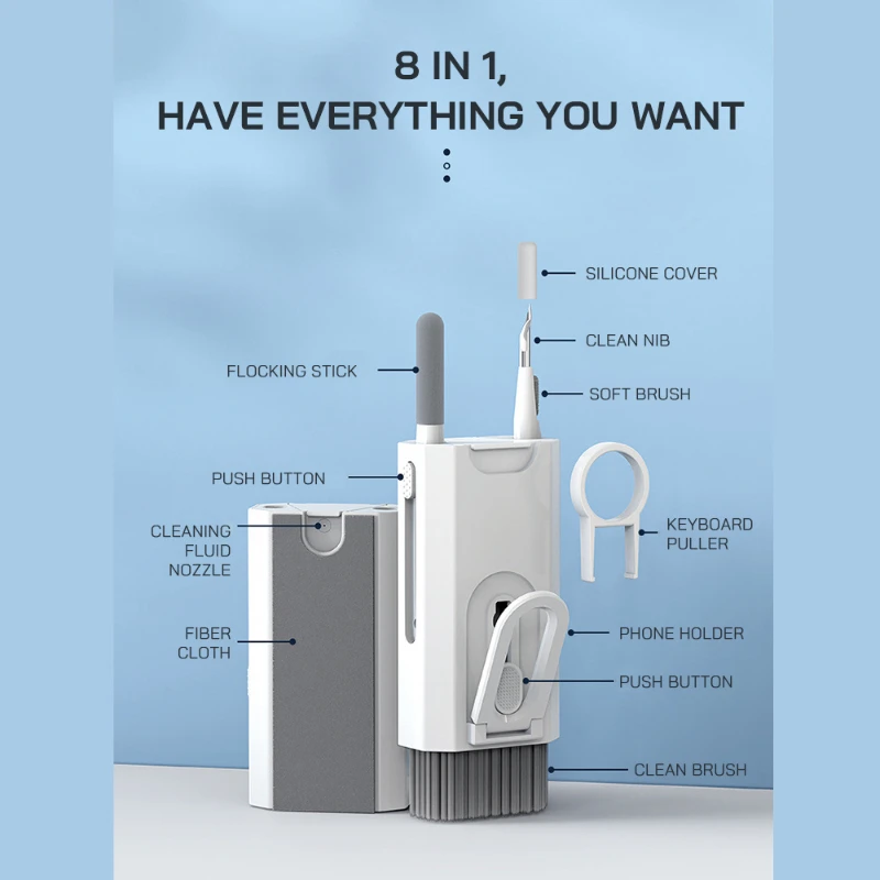 컴퓨터 키보드 클리너 브러시 이어폰 청소 펜, 헤드셋, iPad 휴대폰 청소 도구, 키캡 풀러, 8 in 1 청소 키트