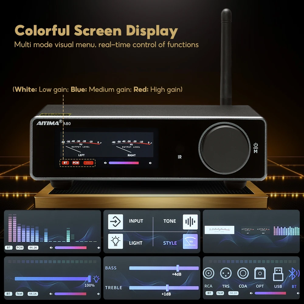 AIYIMA A80 TPA3255 PFFB 블루투스 DAC 스테레오 전력 증폭기, 300W x 2 클래스 D 2.0 HiRes 디지털 앰프, RCA TRS OPT COA USB 입력