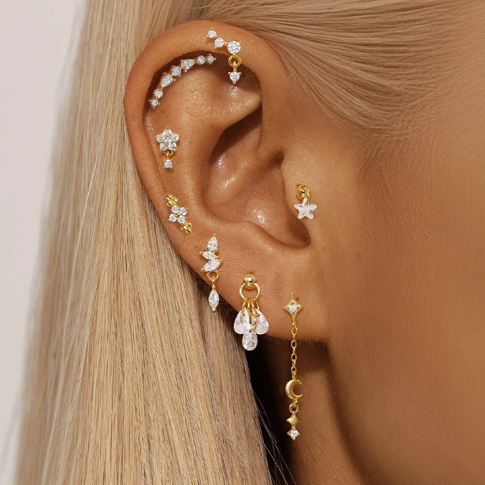 CANNER 1PC 4 개의 지적 스타 문 술 연꽃 연골 나선형 펑크 925 스털링 실버 스터드 귀걸이 여성용 귀걸이